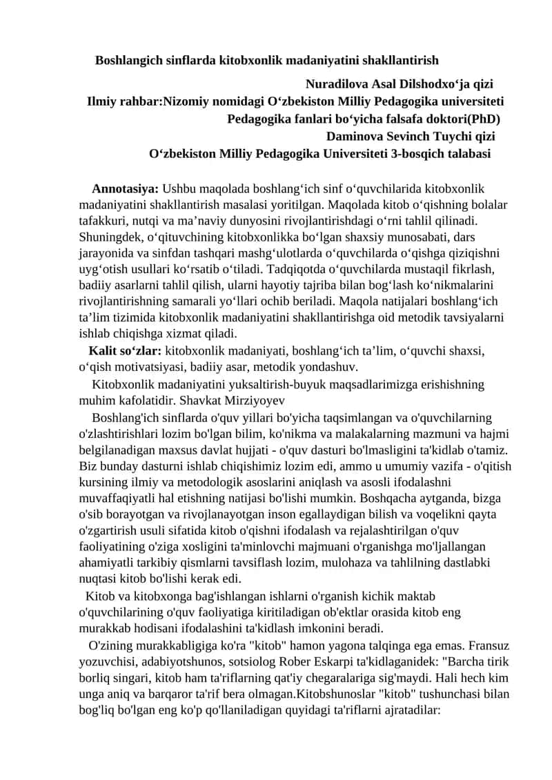 Kitobxonlik Madaniyatini Shakllantirish 1