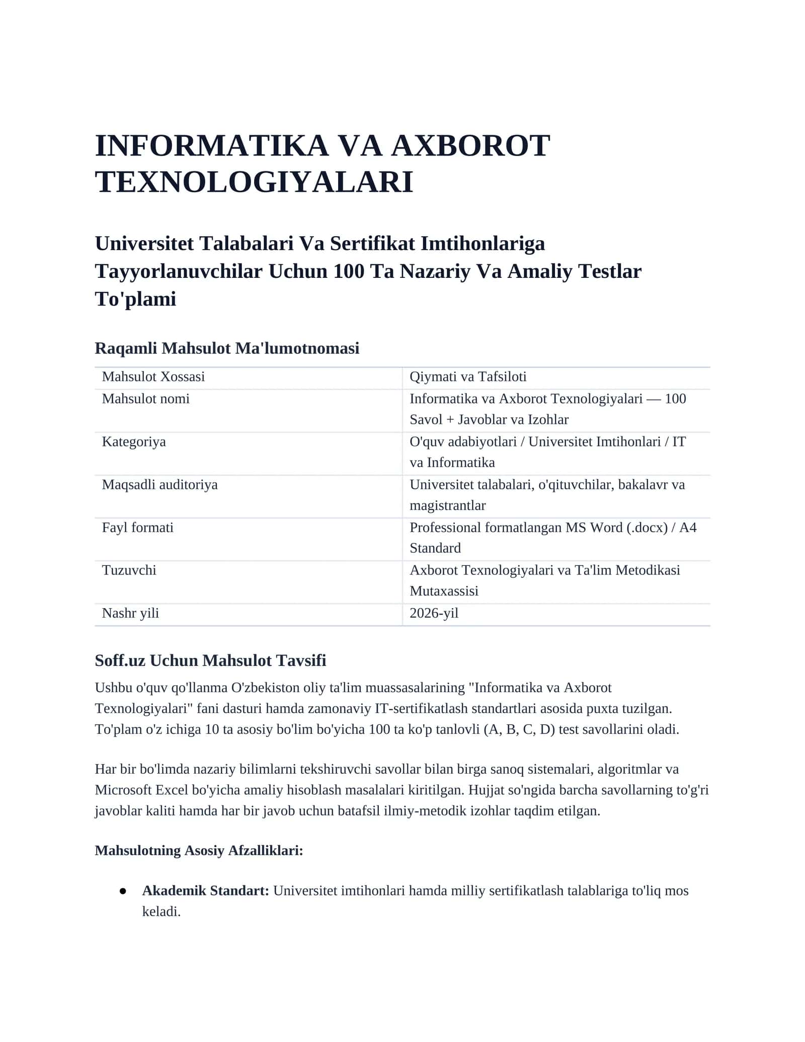 Informatika va Axborot Texnologiyalari — 100 Savol + Javoblar va Izohlar 1