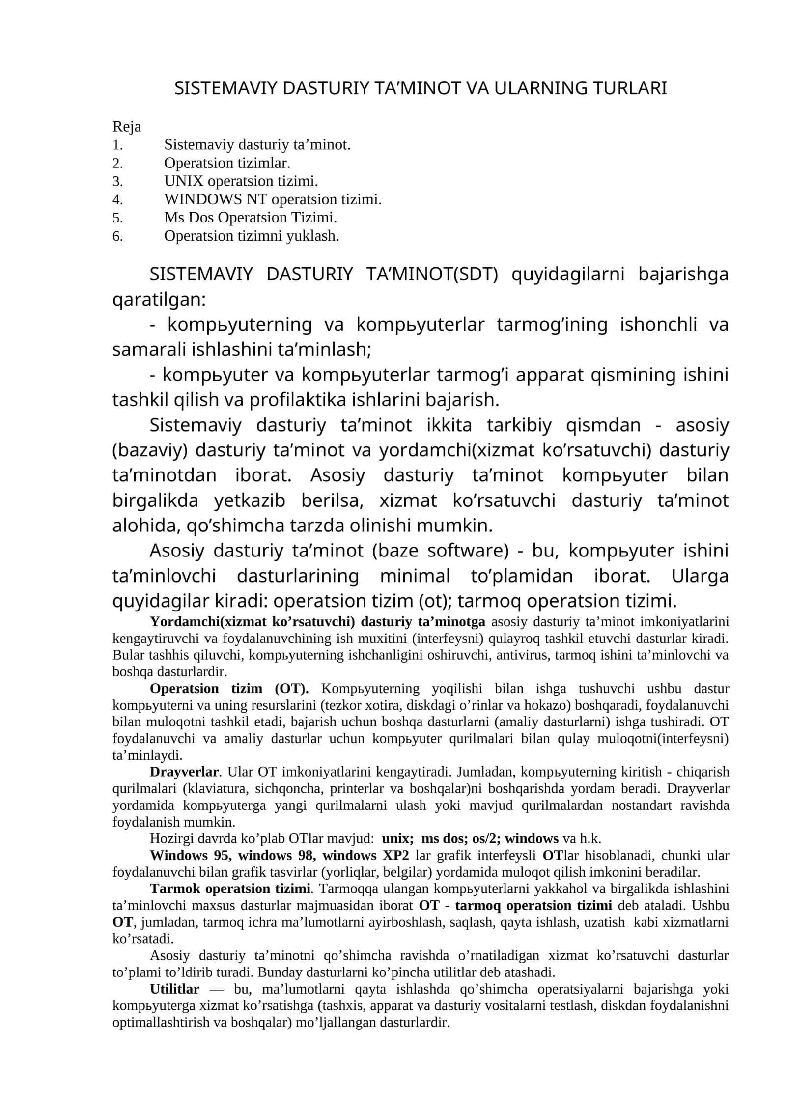 SISTEMAVIY DASTURIY TA’MINOT VA ULARNING TURLARI 1