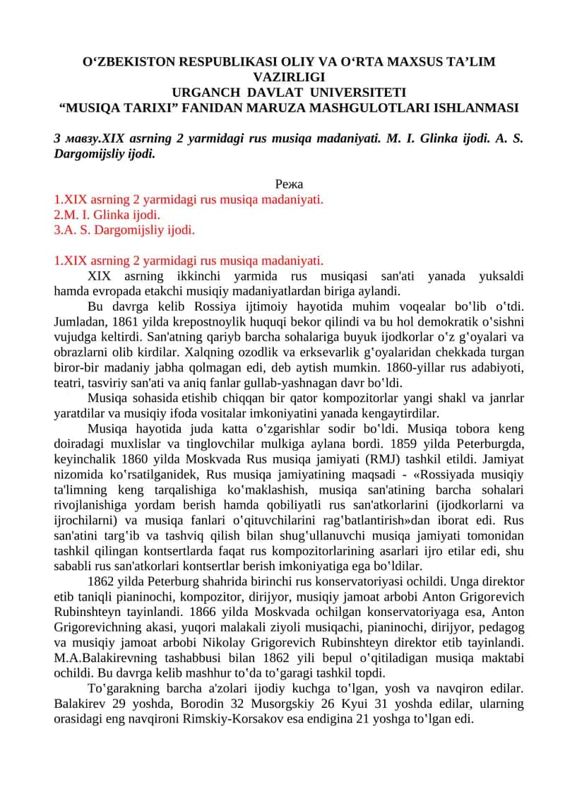 XIX asrning 2 yarmidagi rus musiqa madaniyati 1