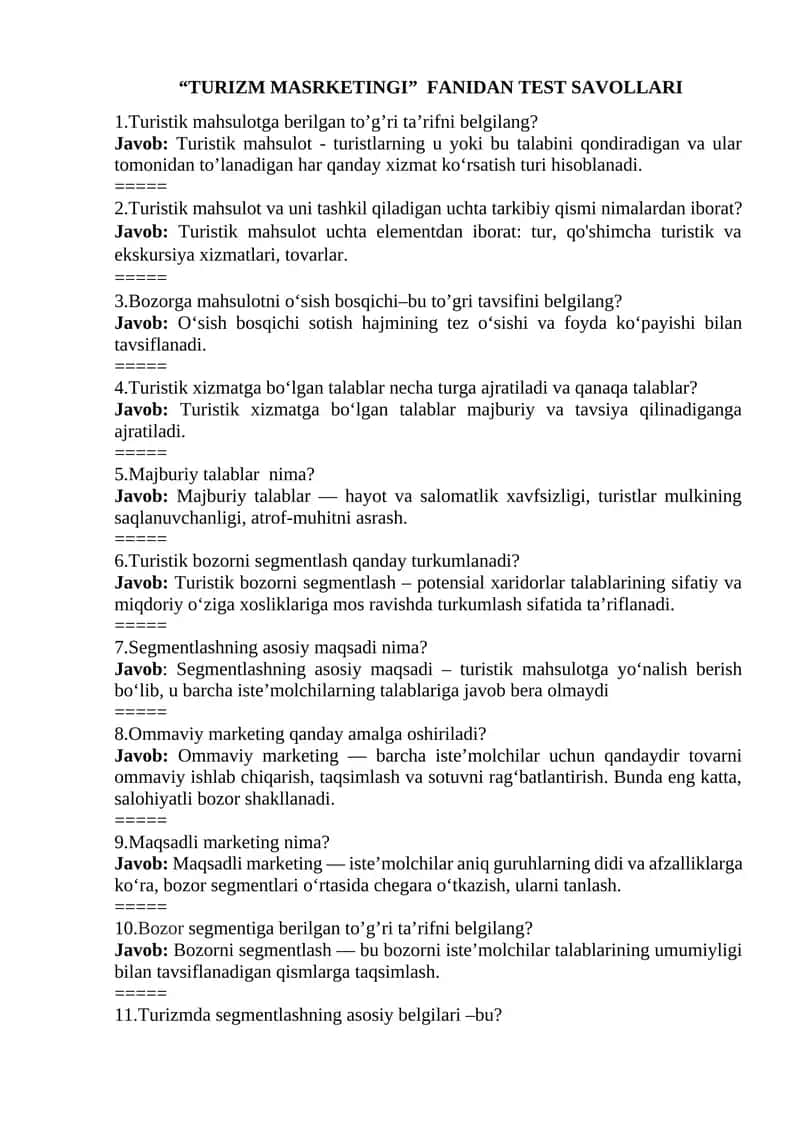 TURIZM MARKETINGI  FANIDAN TEST SAVOLLARI 1