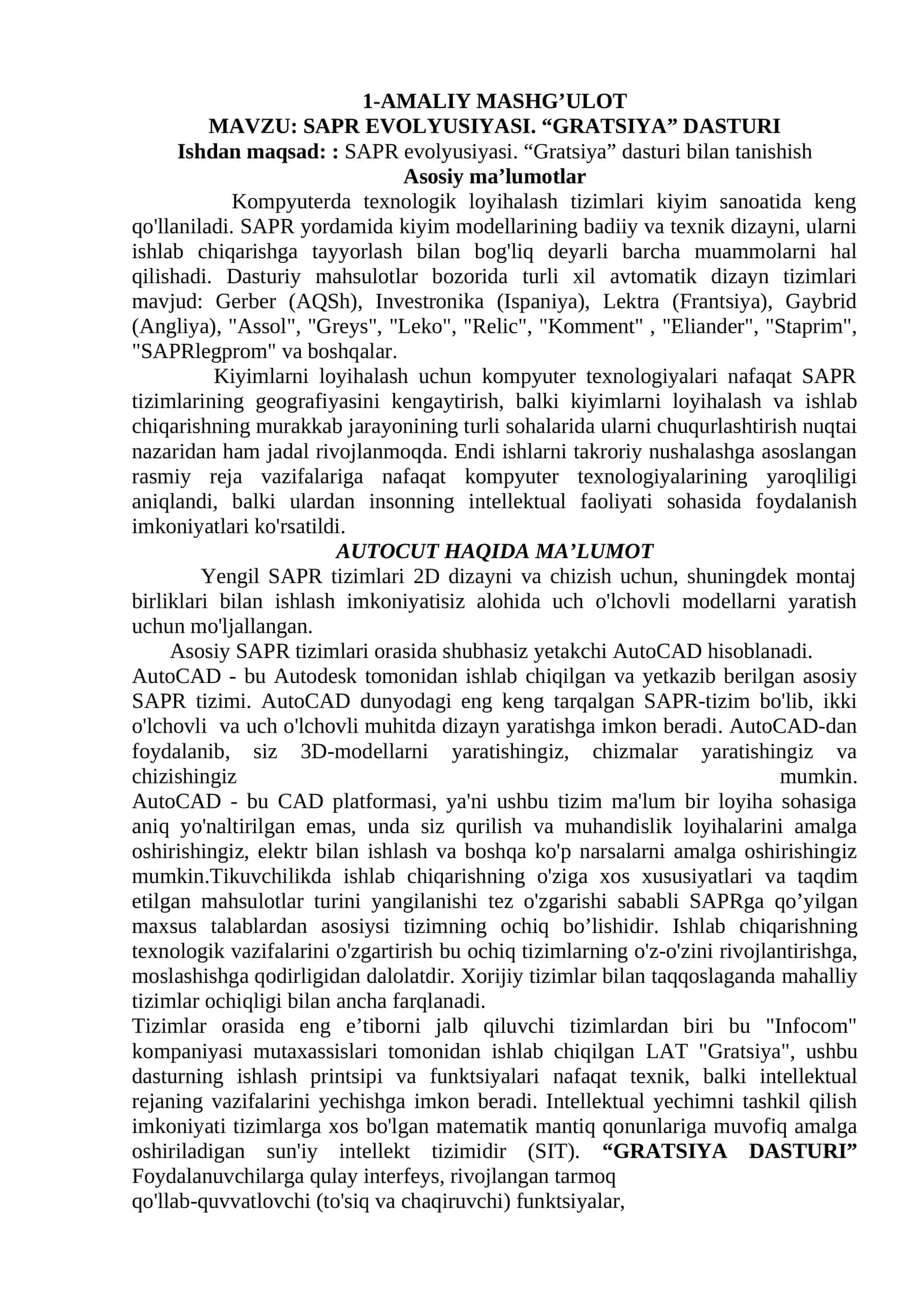 SAPR EVOLYUSIYASI. “GRATSIYA” DASTURI 1