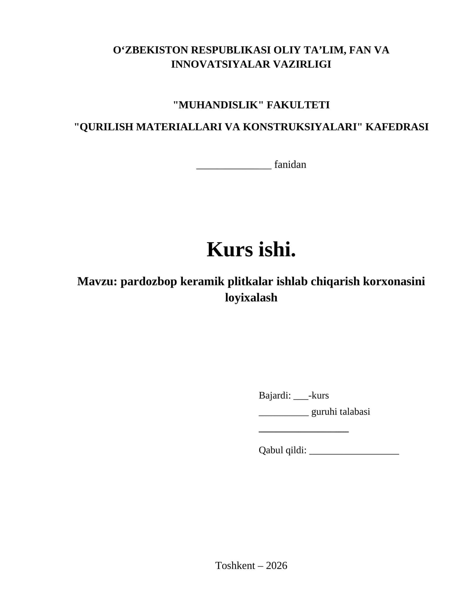 pardozbop keramik plitkalar ishlab chiqarish korxonasini loyixalash 1