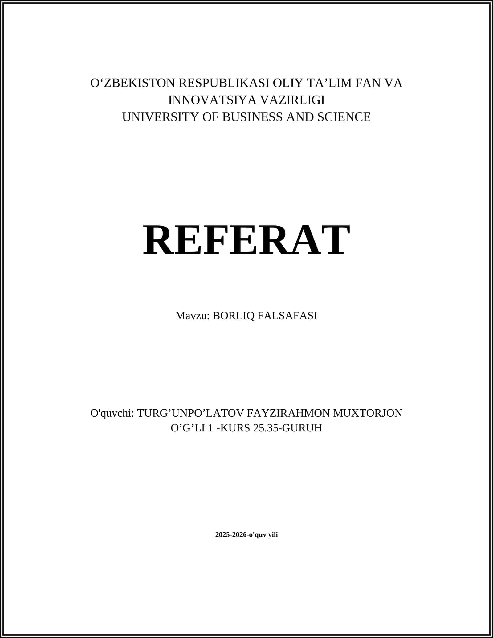 BORLIQ FALSAFASI 1