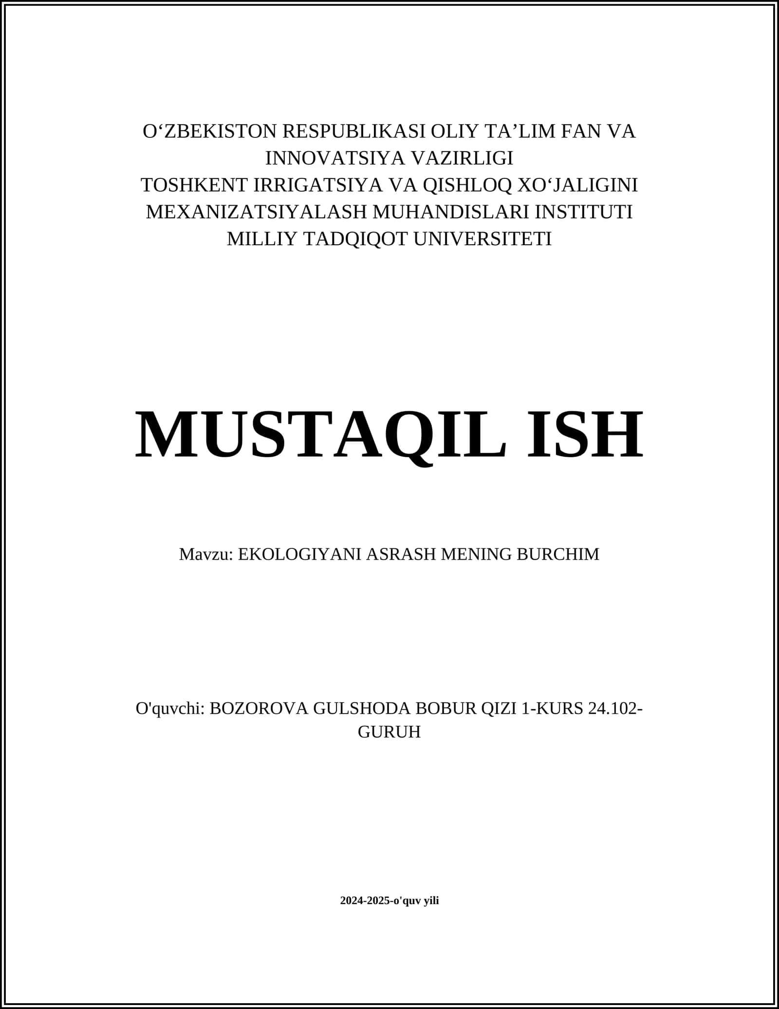 EKOLOGIYANI ASRASH MENING BURCHIM 1
