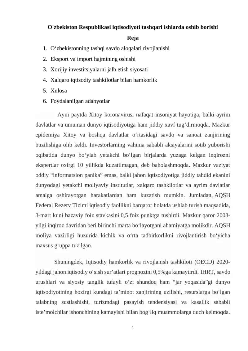 O'zbekiston Respublikasi iqtisodiyoti tashqari ishlarda oshib borishi 1