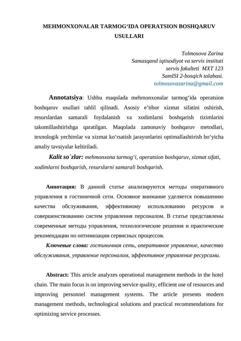 Mehmonxonalatarmogʻida operatsion boshqaruv usullari 1