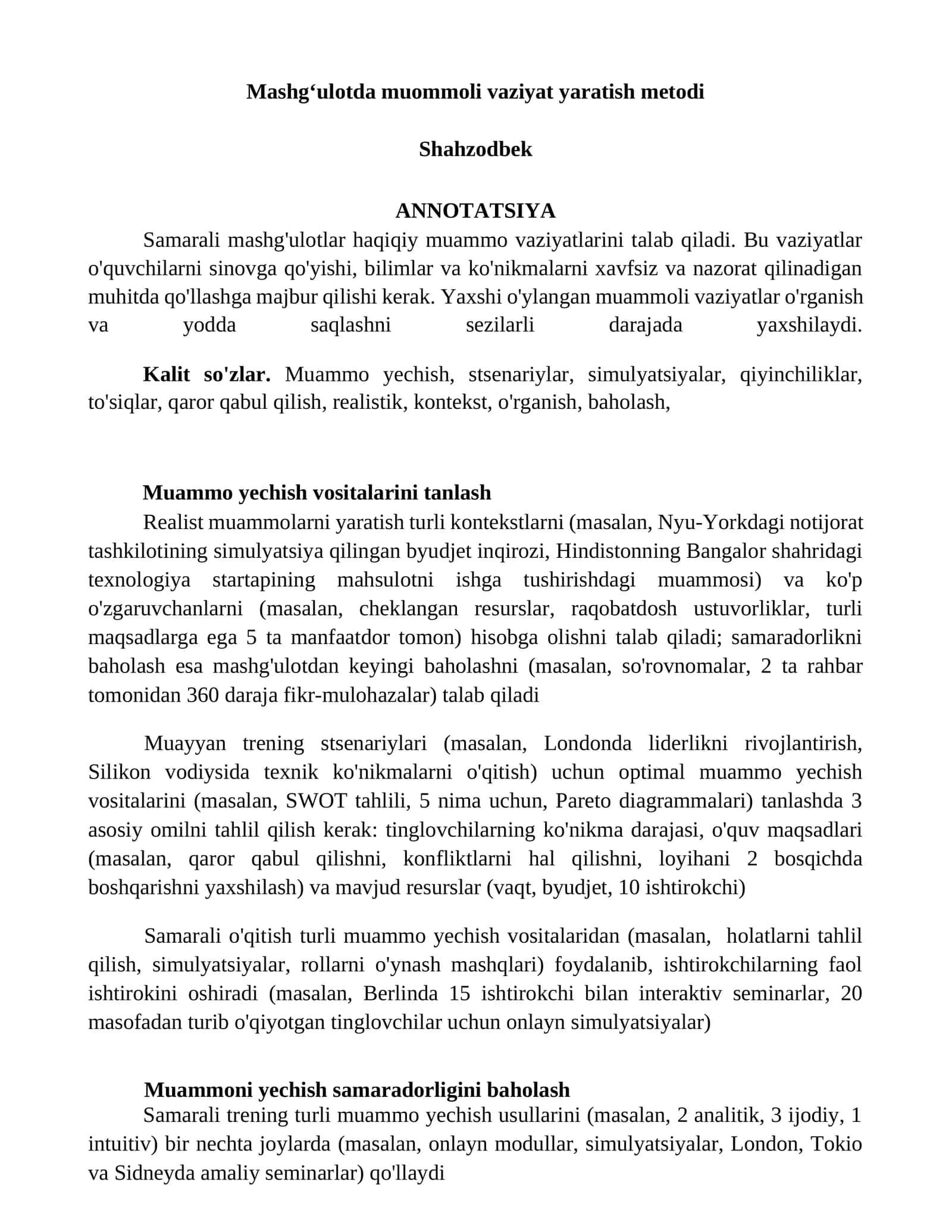 Mashgʻulotda muommoli vaziyat yaratish metodi 1