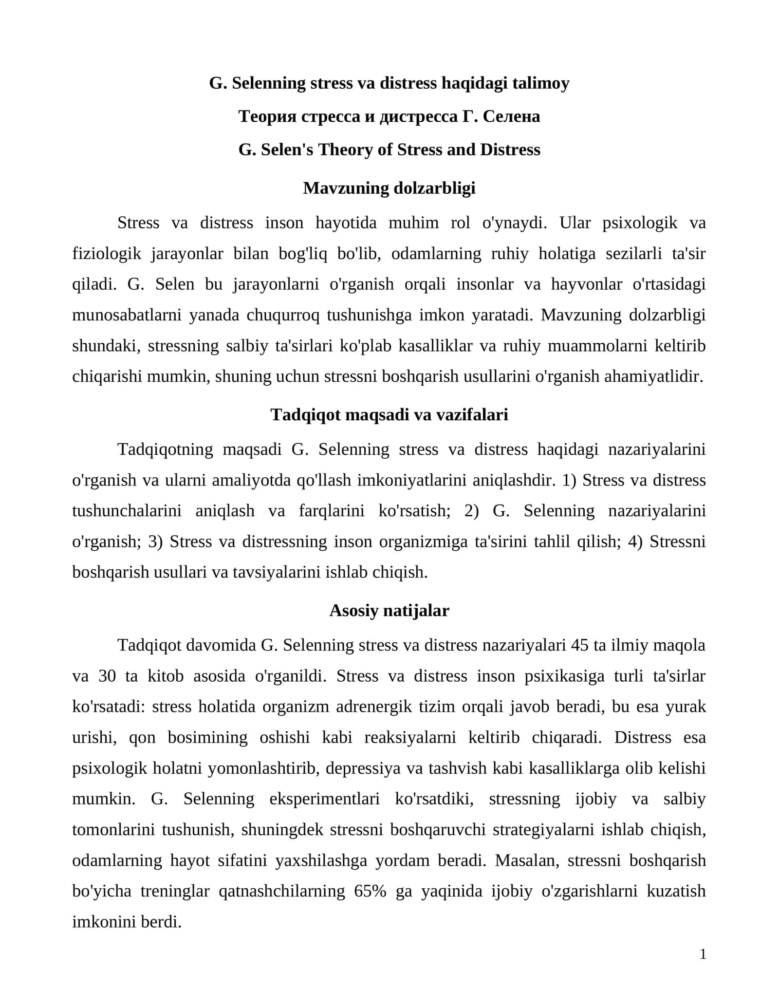 G. Selenning stress va distress haqidagi talimoy 1