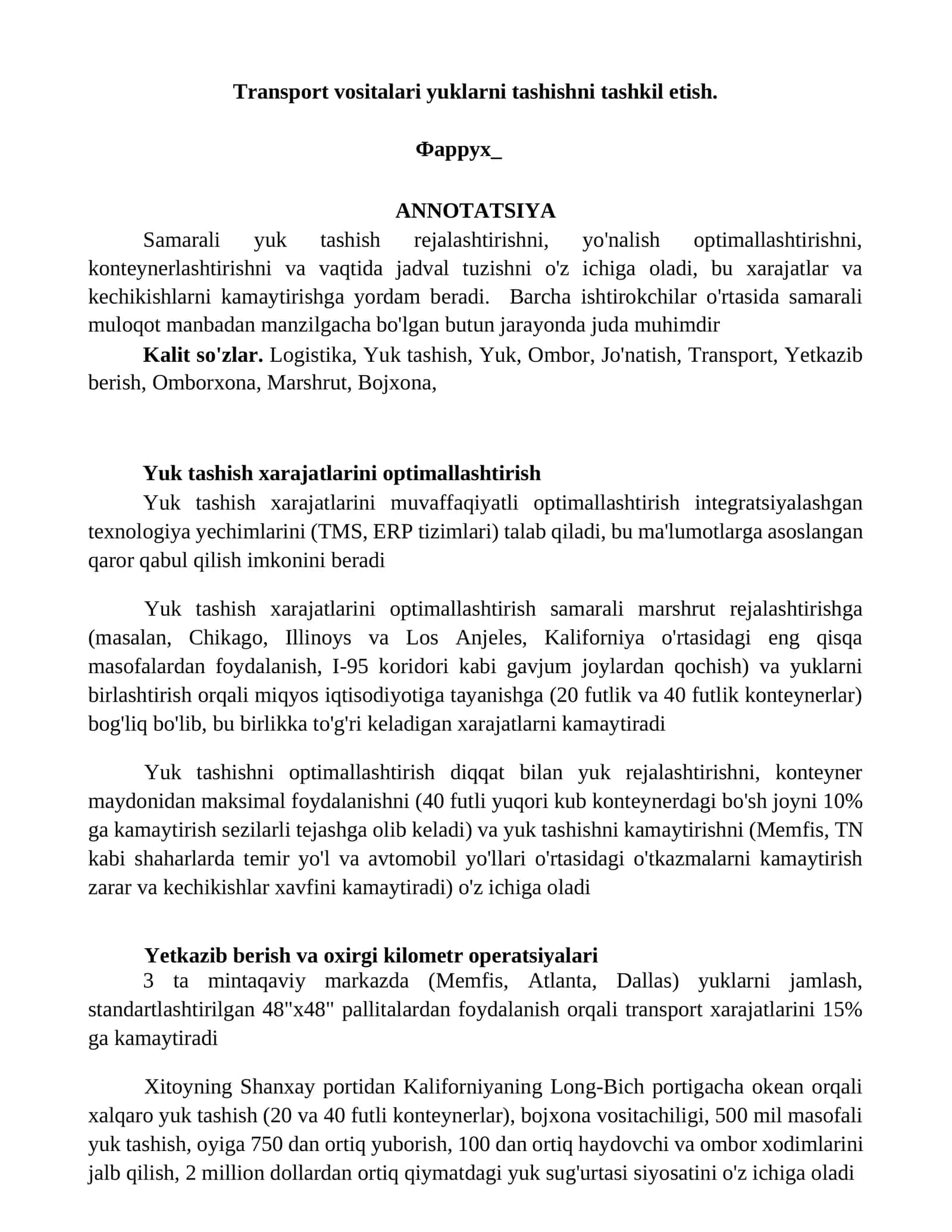 Yuk tashish xarajatlarini optimallashtirish 1