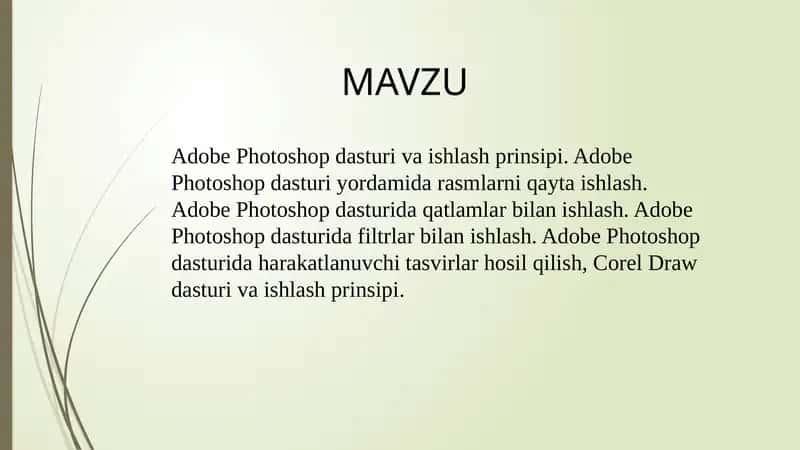 Adobe Photoshop dasturi va ishlash prinsipi. Adobe Photoshop dasturi yordamida rasmlarni qayta ishlash. Adobe Photoshop dasturida qatlamlar bilan ishlash, Adobe Photoshop dasturida filtrlar bilan ishlash, Adobe Photoshop dasturida harakatlanuvchi tasvirlar ho 1