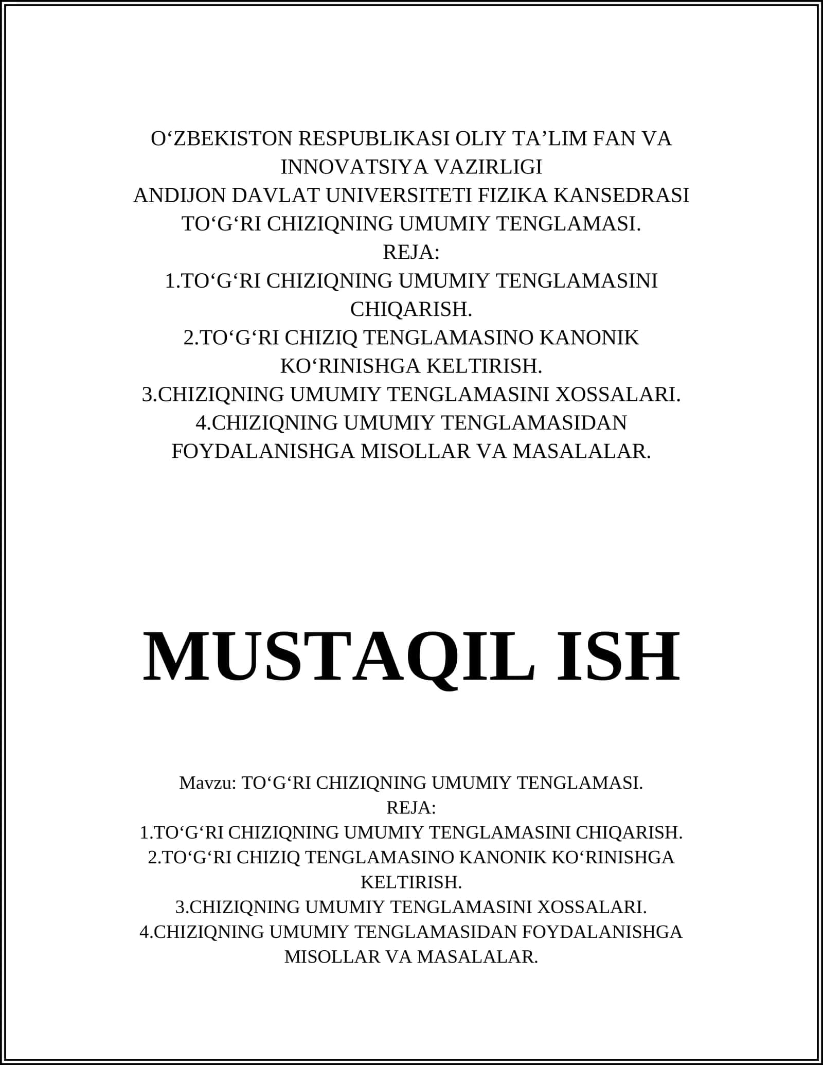 TO'G'RI CHIZIQNING UMUMIY TENGLAMASI 1