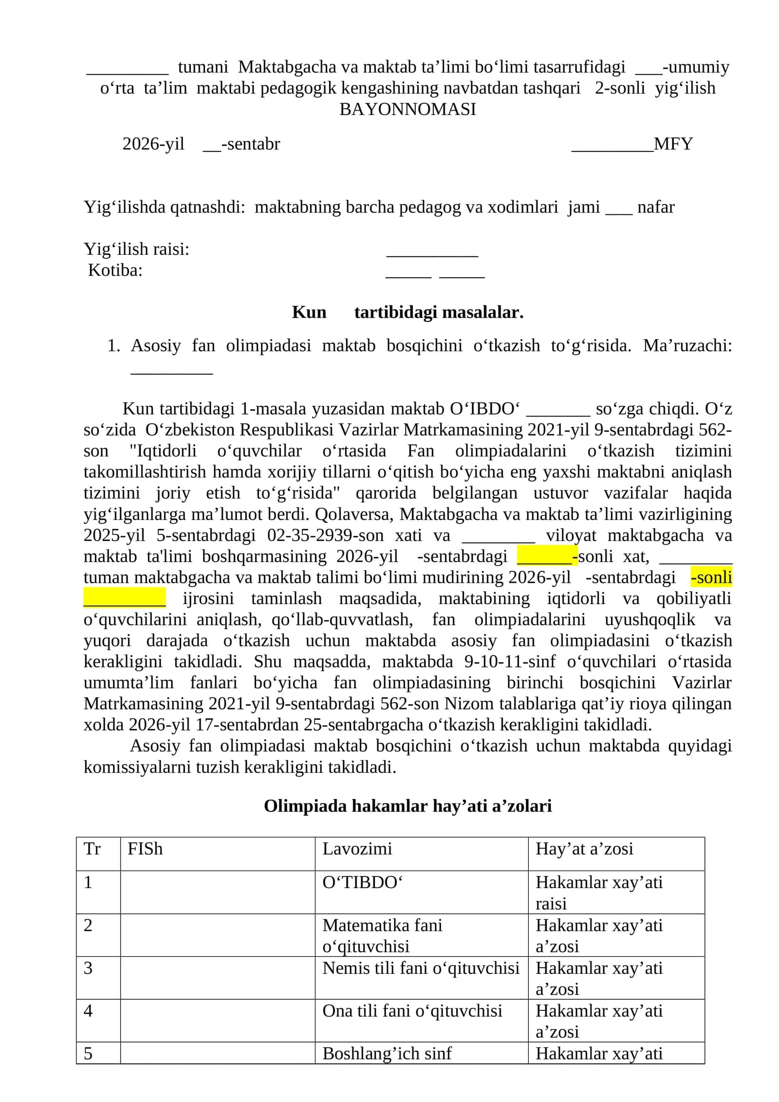 Pedkengash bayonnomasi - Asosiy fan olimpiadasi maktab bosqichini o‘tkazish to'g'risida 1