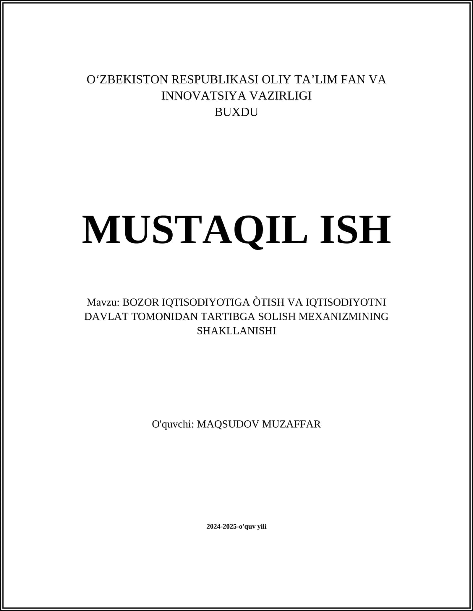 BOZOR IQTISODIYOTIGA ÒTISH VA IQTISODIYOTNI DAVLAT TOMONIDAN TARTIBGA SOLISH MEXANIZMINING SHAKLLANISHI 1