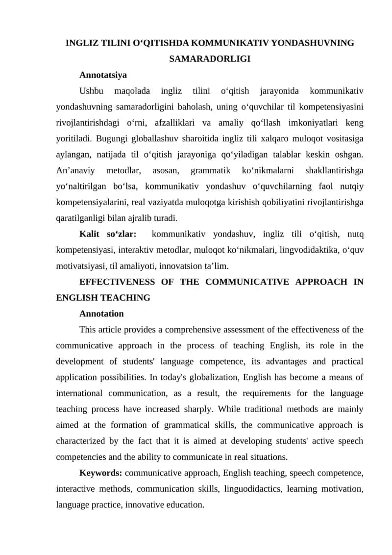 INGLIZ TILINI O‘QITISHDA KOMMUNIKATIV YONDASHUVNING SAMARADORLIGI 1