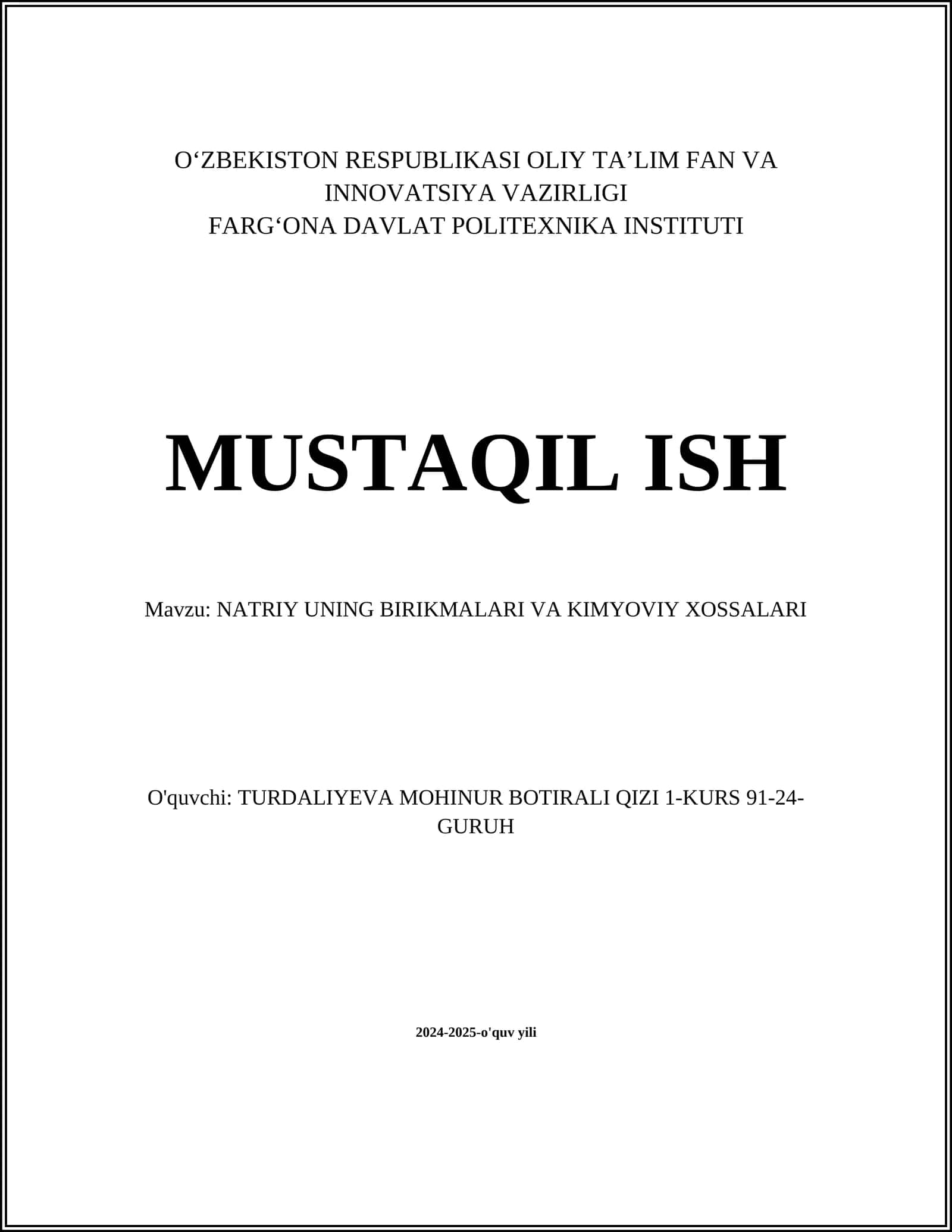NATRIY UNING BIRIKMALARI VA KIMYOVIY XOSSALARI 1
