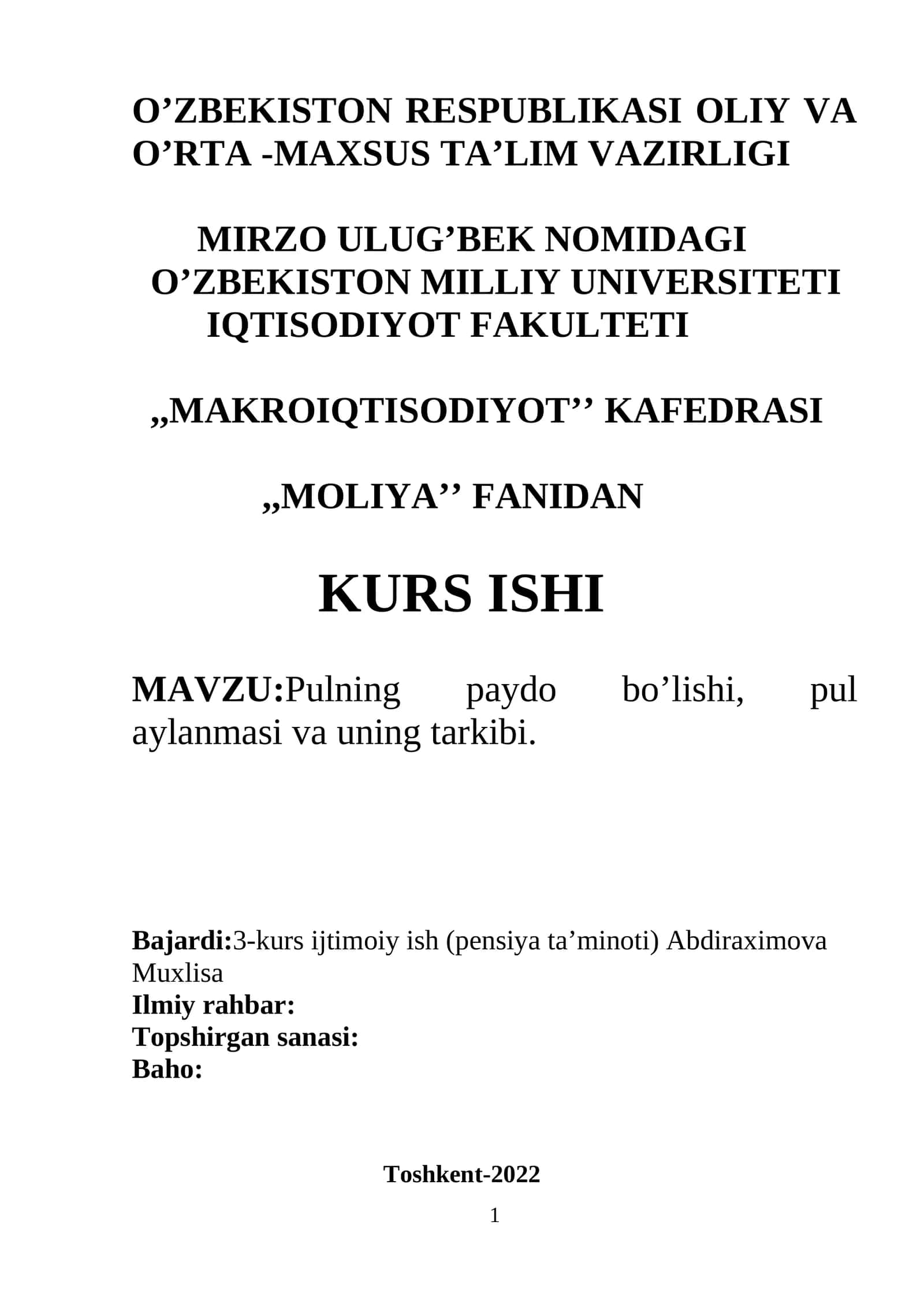 Pulning paydo bo’lishi, pul aylanmasi va uning tarkibi 1