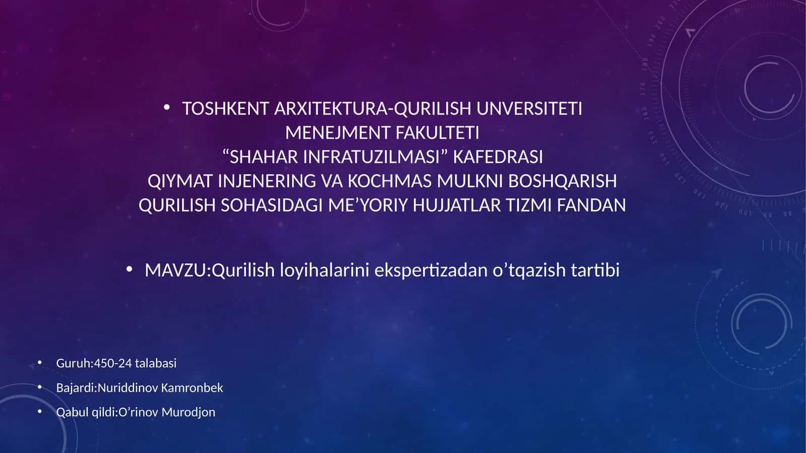 Qurilish sohasidagi me'yoriy hujjatlar tizimi fanidan 1