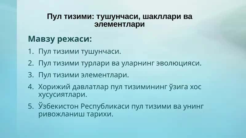 Пул тизими тушунчаси, шакллари ва элементлари 1