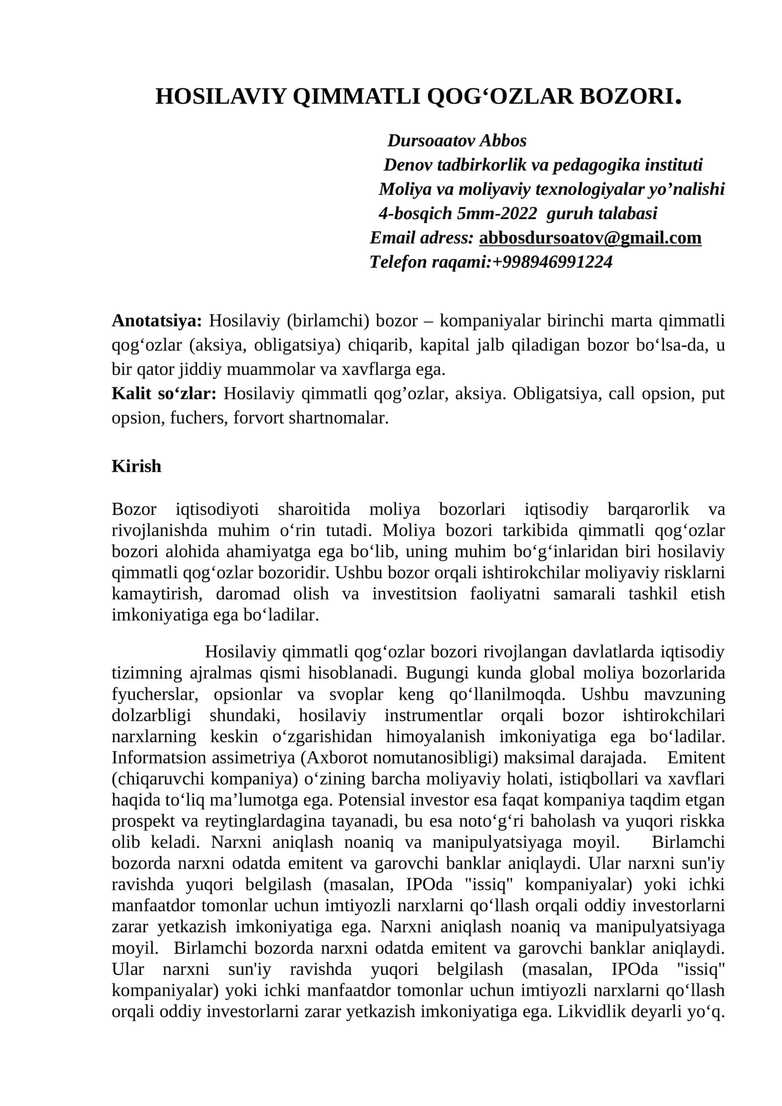 Hosilaviy Qimmatli Qog'ozlar Bozori 1