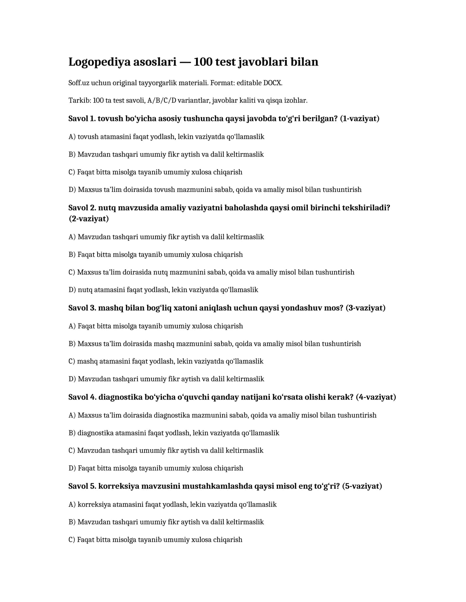 Logopediya asoslari — 100 test javoblari bilan 1