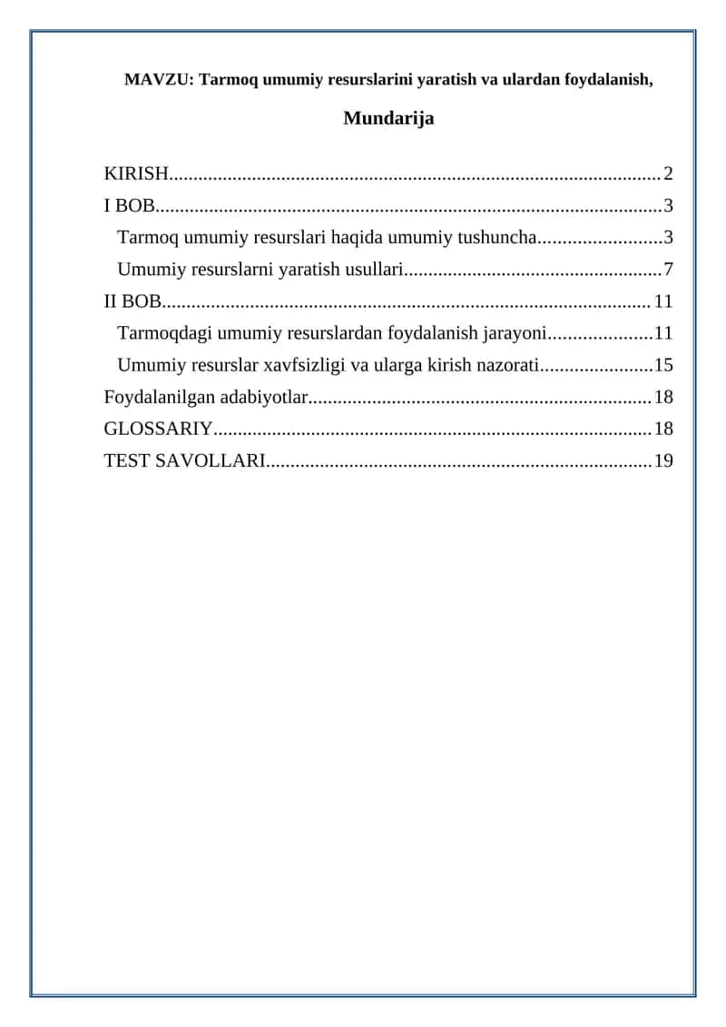 Tarmoq umumiy resurslari haqida umumiy tushuncha 1