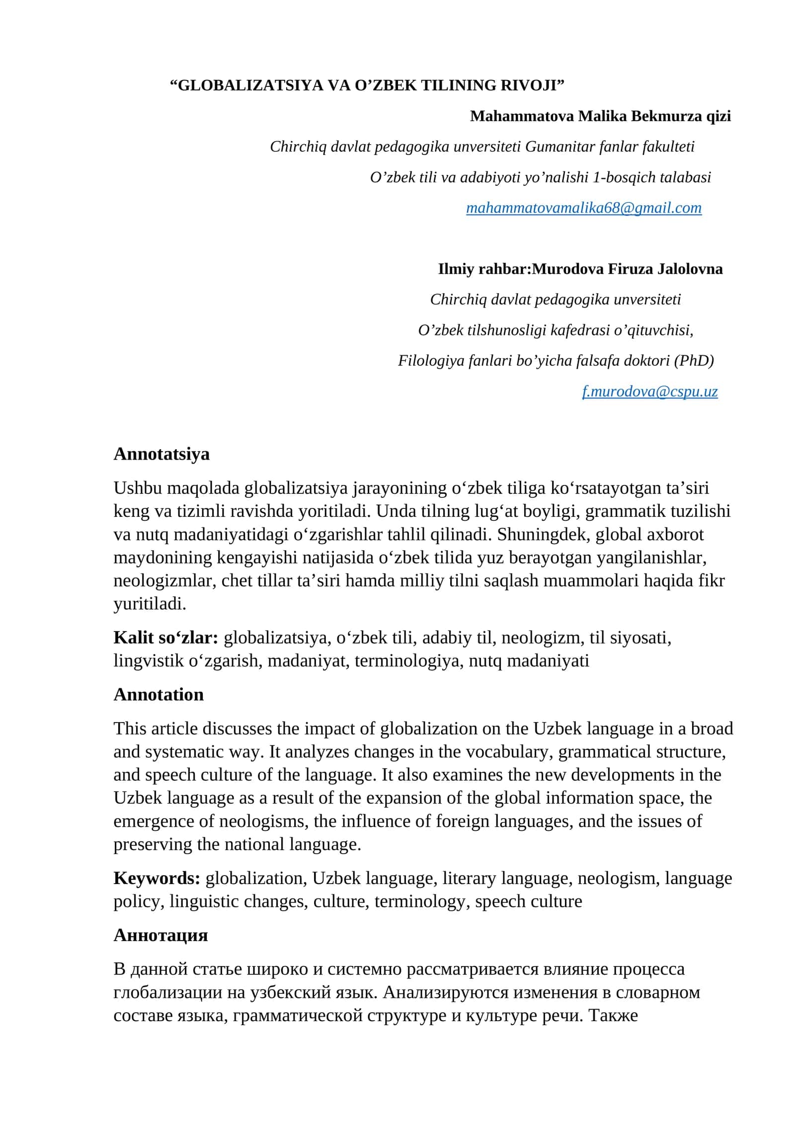 GLOBALIZATSIYA VA O’ZBEK TILINING RIVOJI 1