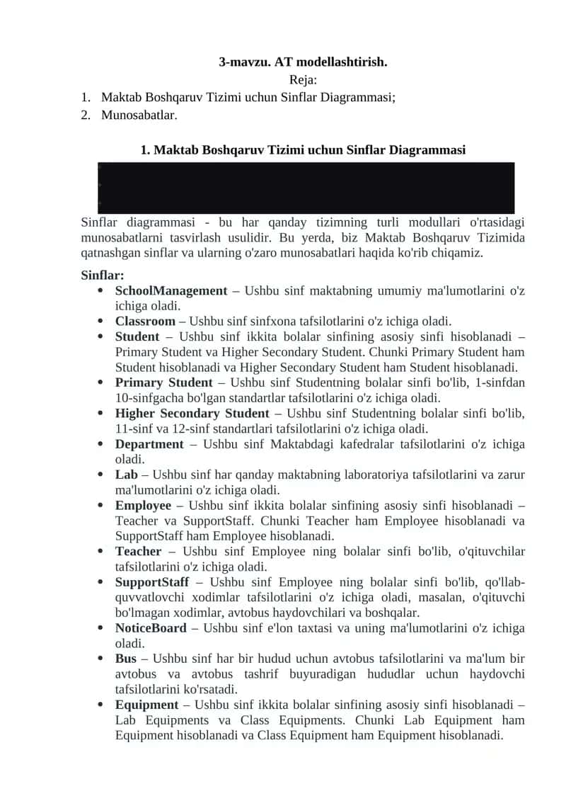 Maktab Boshqaruv Tizimi uchun Sinflar Diagrammasi 1