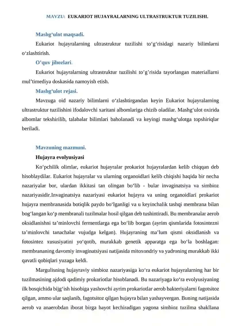 EUKARIOT HUJAYRALARNING ULTRASTRUKTUR TUZILISHI