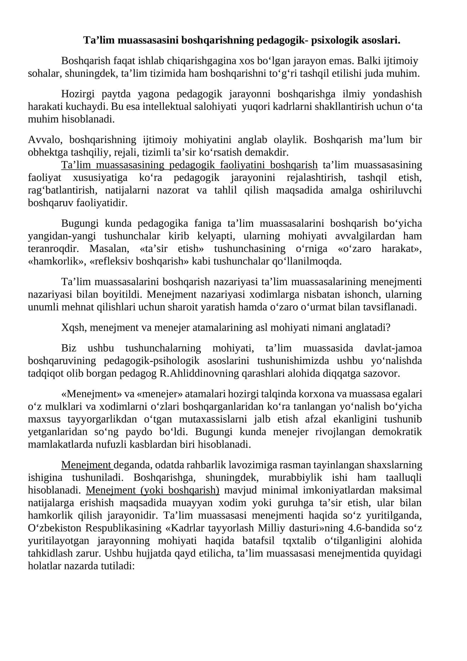 Ta’lim muassasasini boshqarishning pedagogik-psixologik asoslari 1