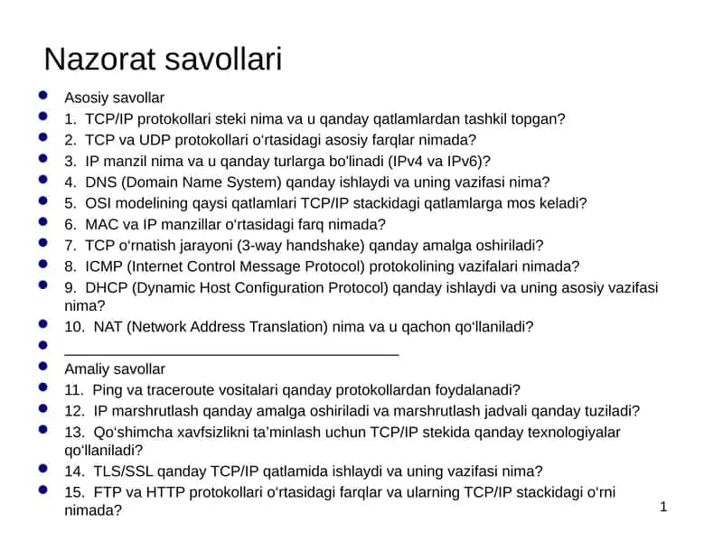 Ilova pog‘onasi ta’rifi. Klient-server va peer to peer modellari, arxitekturalari. Internet ilovalari. Internetdagi DNS xizmati. World Wide Web ta'rifi. HTTP, HTML, URL tushunchalari 1