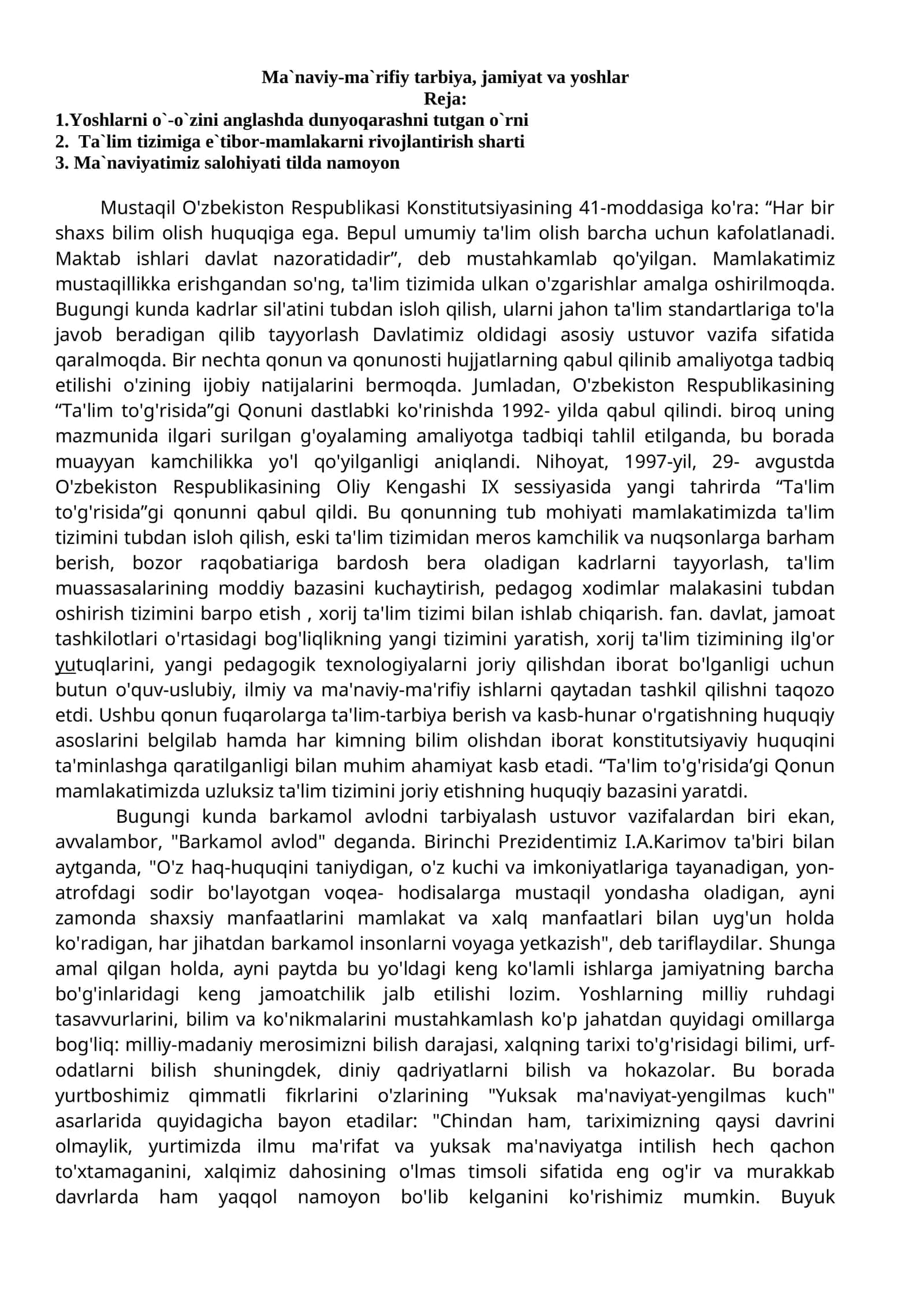 Ma`naviy-ma`rifiy tarbiya, jamiyat va yoshlar 1