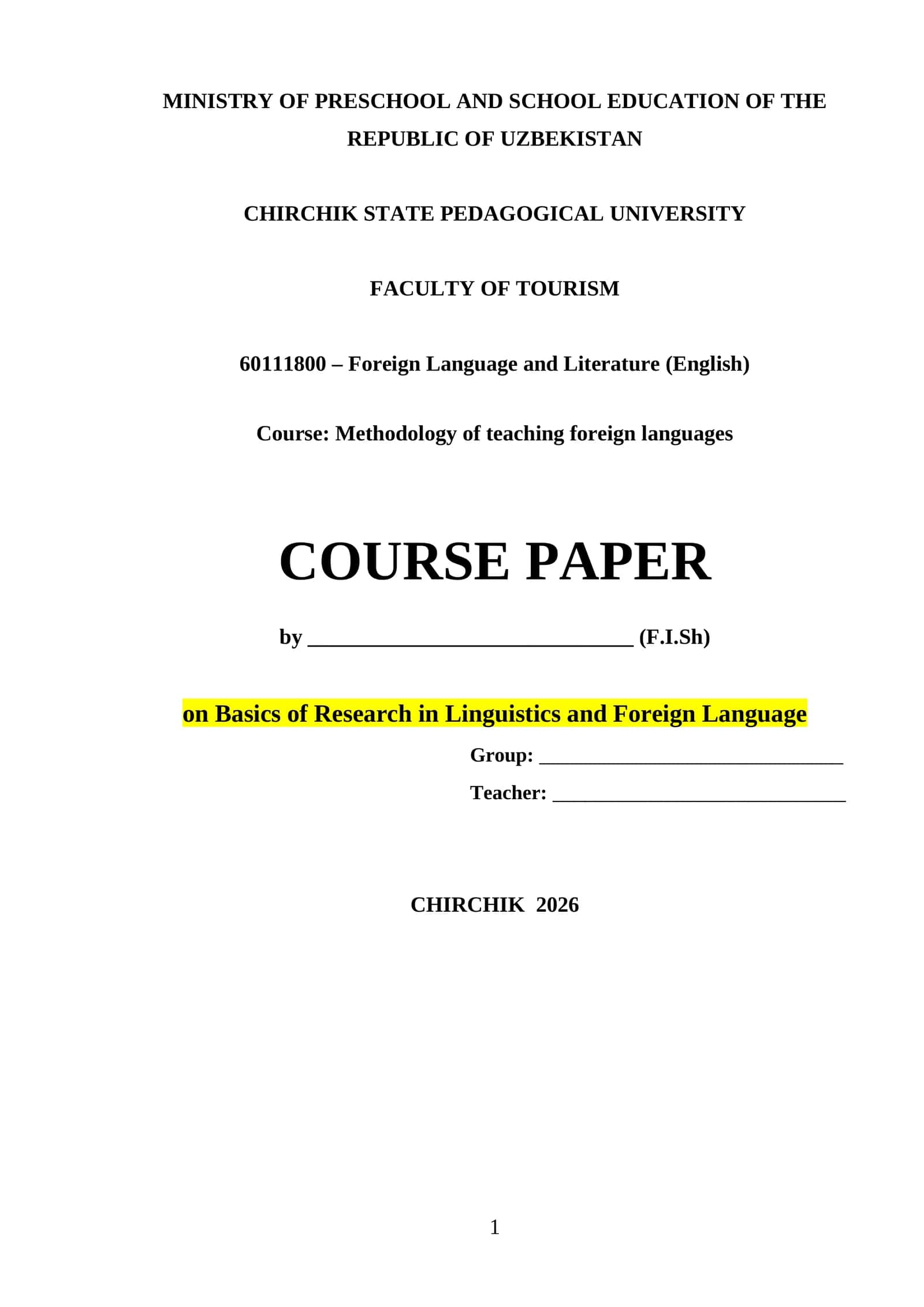 COURSE PAPER on Basics of Research in Linguistics and Foreign Language 1