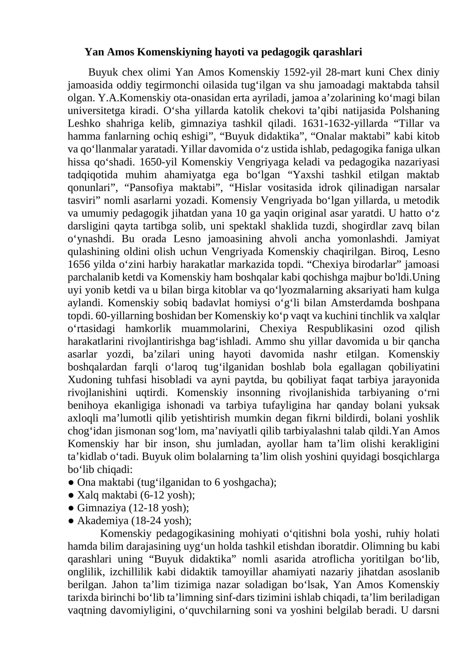 Yan Amos Komenskiyning hayoti va pedagogik qarashlari 1