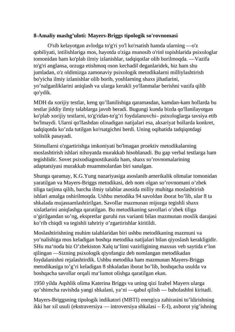 8-Amaliy mashg’uloti: Mayers-Briggs tipologik so'rovnomasi 1