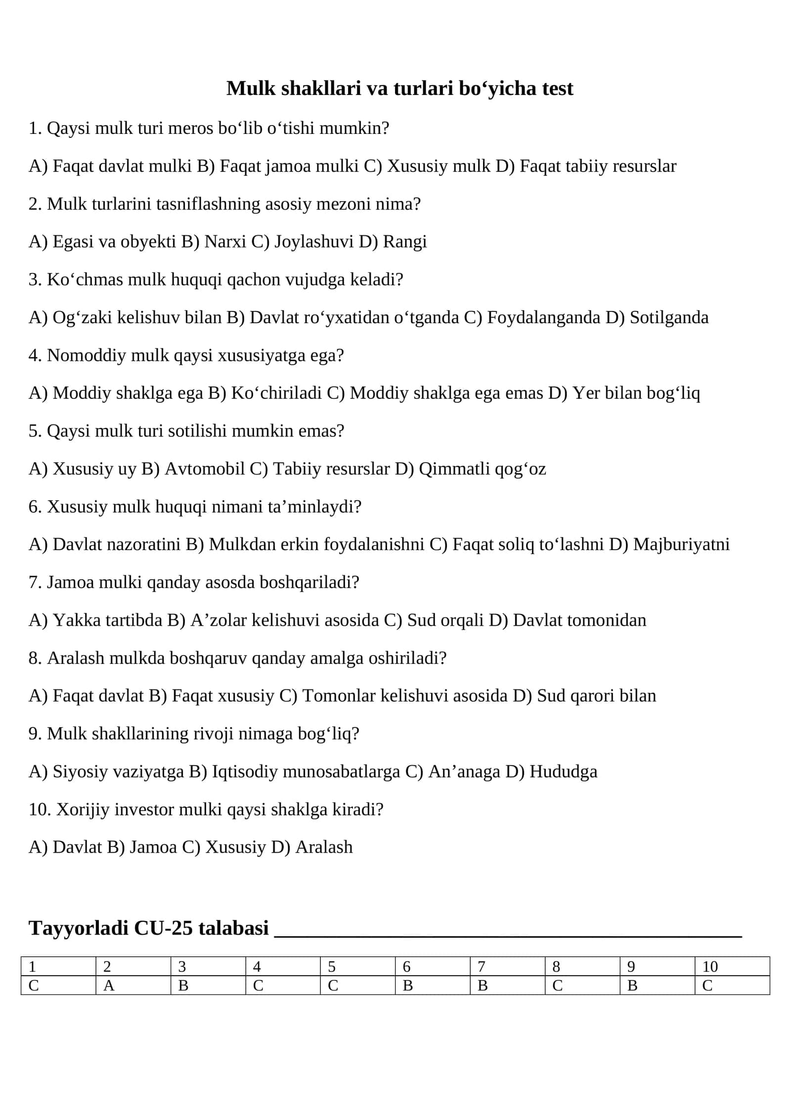 Mulk shakllari va turlari bo‘yicha test 1