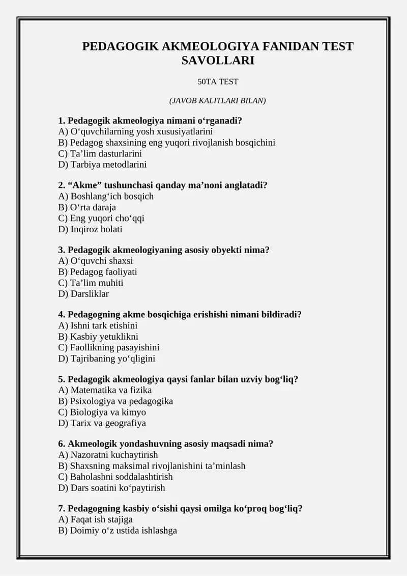 PEDAGOGIK AKMEOLOGIYA FANIDAN TEST SAVOLLARI 1