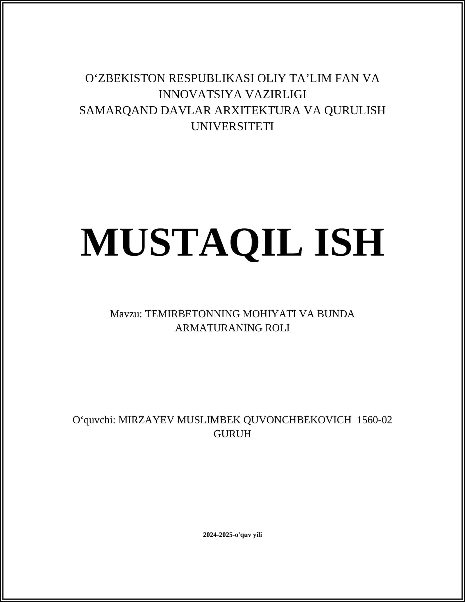 TEMIRBETONNING MOHIYATI VA BUNDA ARMATURANING ROLI 1
