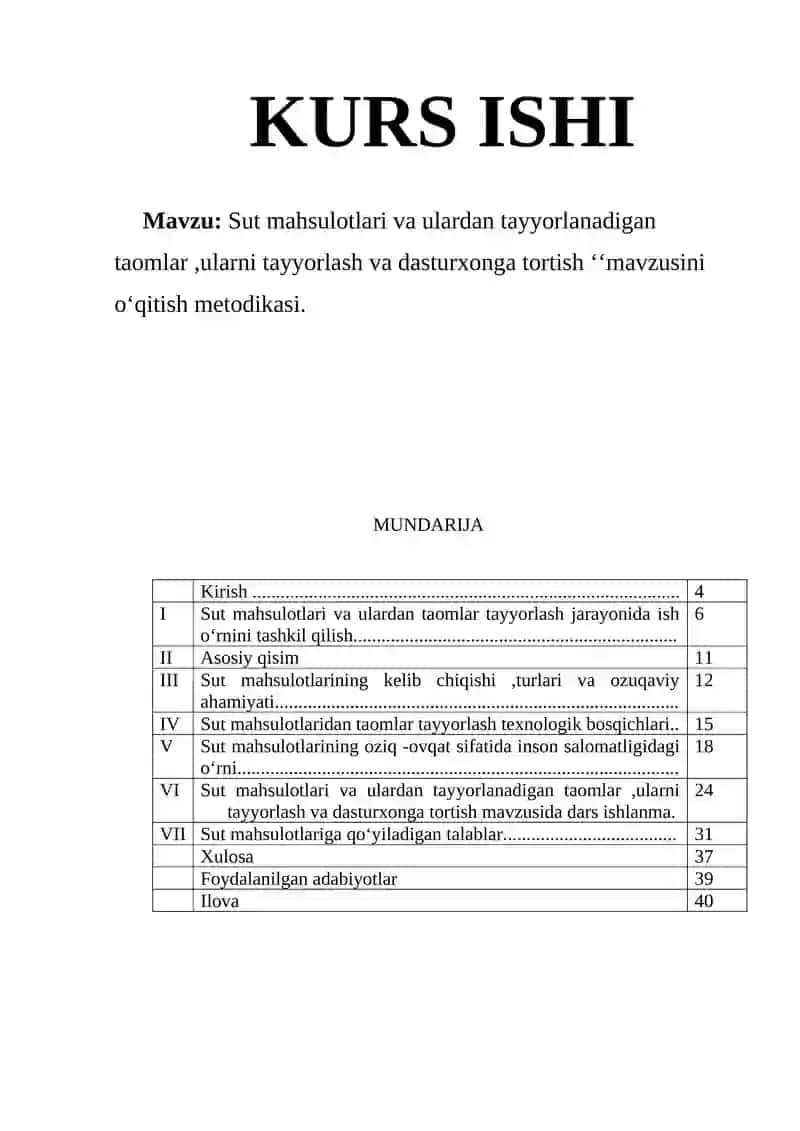 Sut mahsulotlari va ulardan tayyorlanadigan taomlar,ularni tayyorlash va dasturxonga tortish
