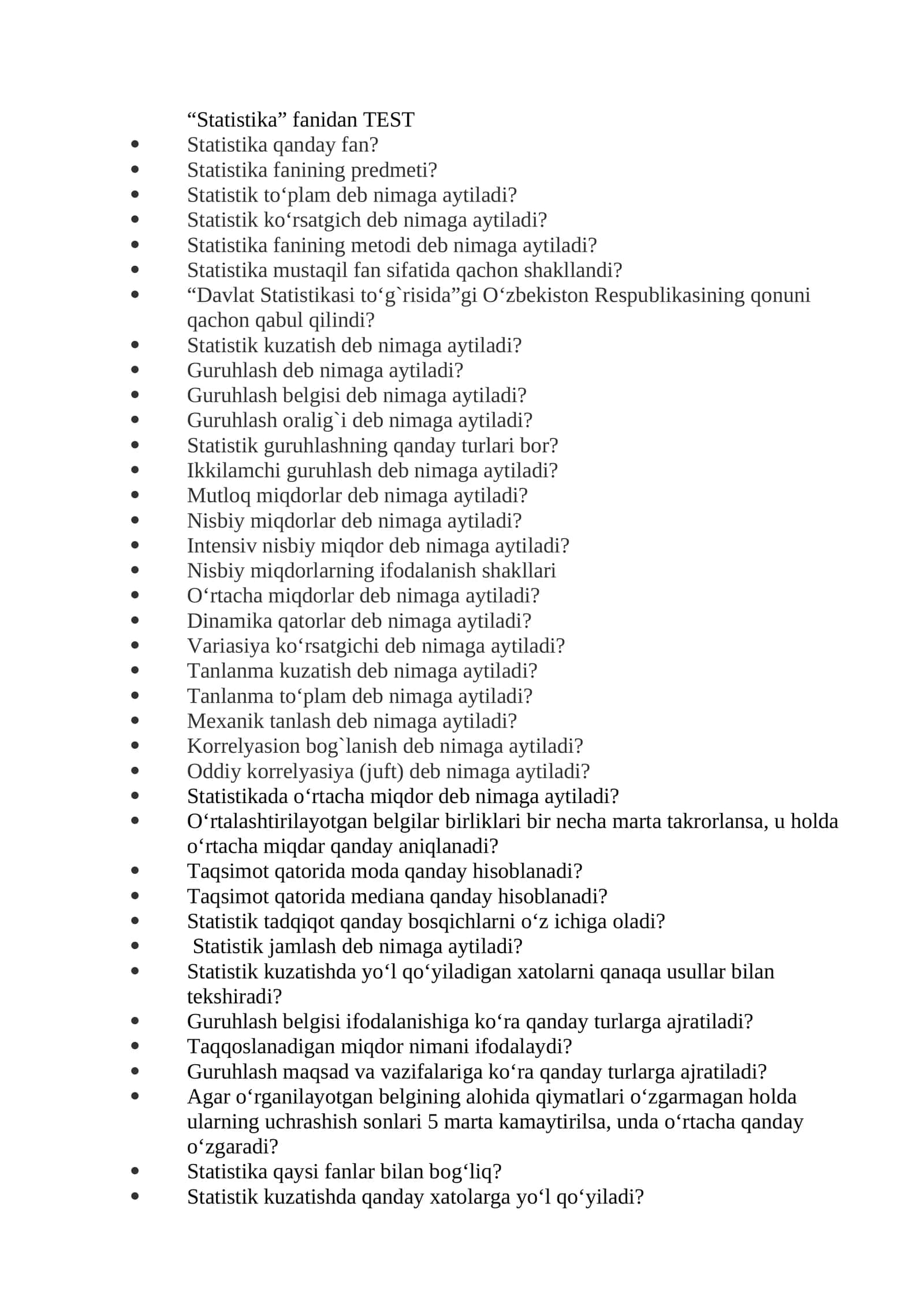 "Statistika” fanidan TEST 1