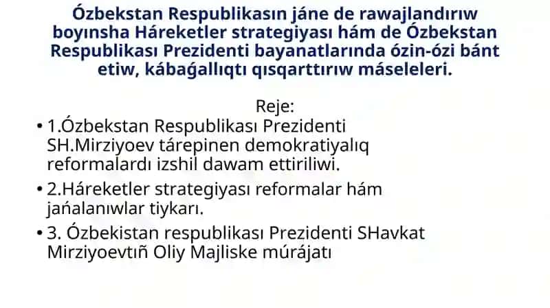 Ózbekstan Respublikasın jáne de rawajlandırıw boyınsha Háreketler strategiyası hám de Ózbekstan Respublikası Prezidenti bayanatlarında ózin-ózi bánt etiw, kábaǵallıqtı qısqarttırıw máseleleri.