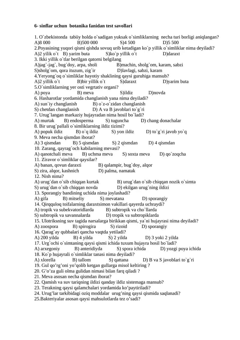 Botanika fanidan test savollari 1