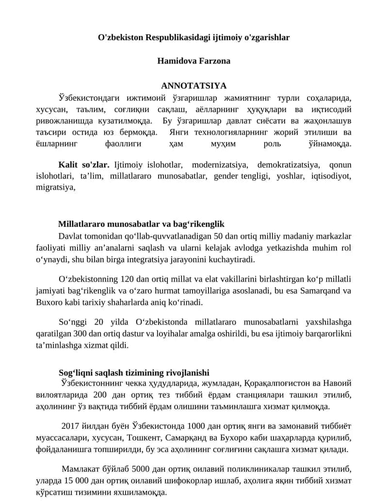 O'zbekiston Respublikasidagi ijtimoiy o'zgarishlar 1
