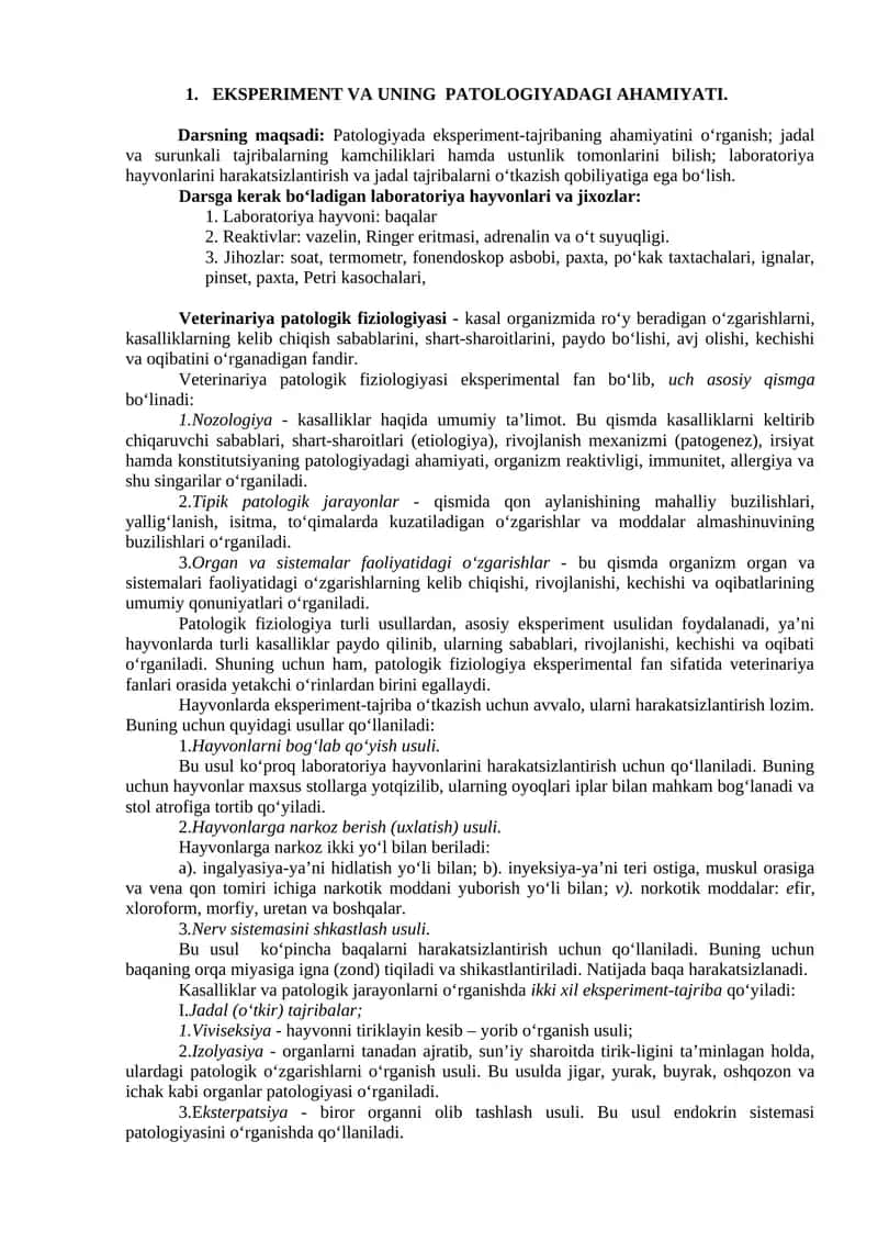 EKSPERIMENT VA UNING PATOLOGIYADAGI AHAMIYATI 1
