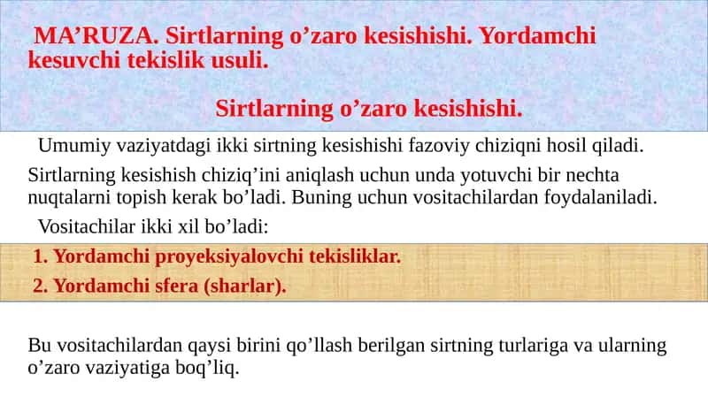 Yordamchi kesuvchi tekislik usuli 1