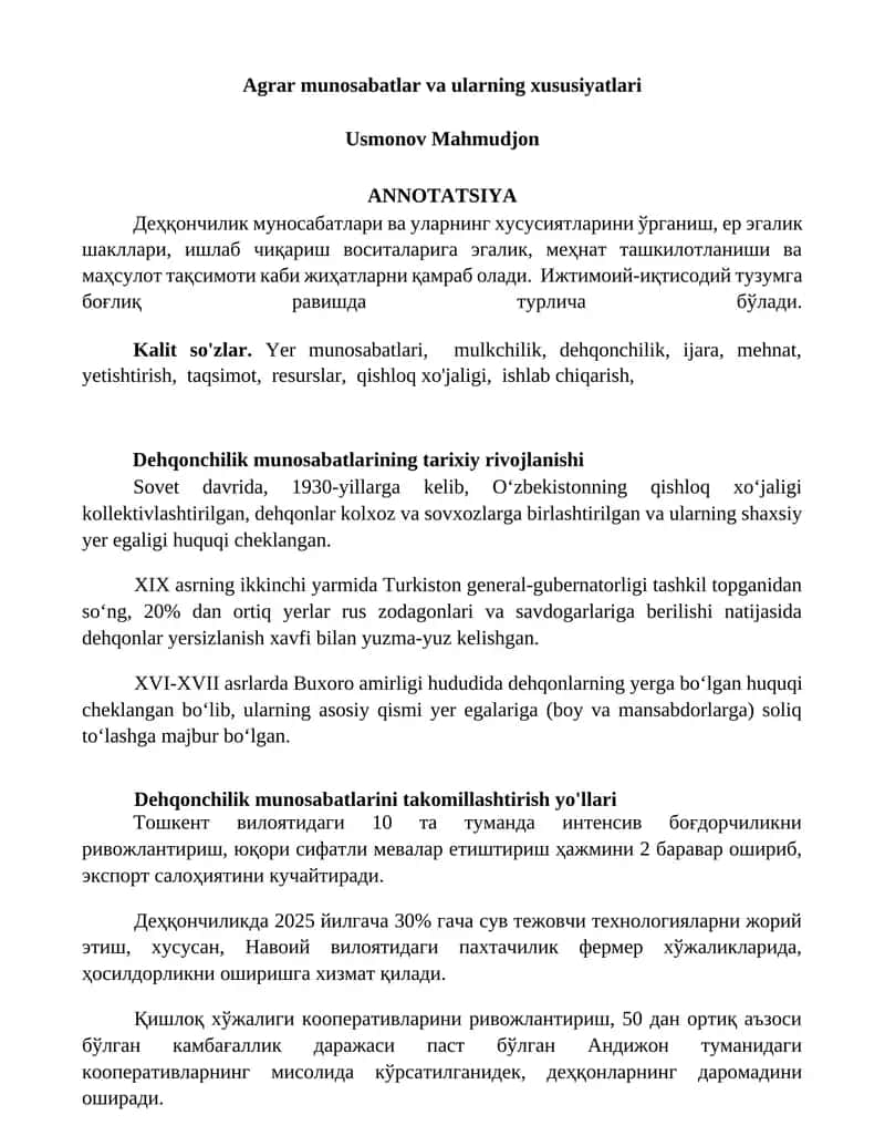 Agrar munosabatlar va ularning xususiyatlari 1