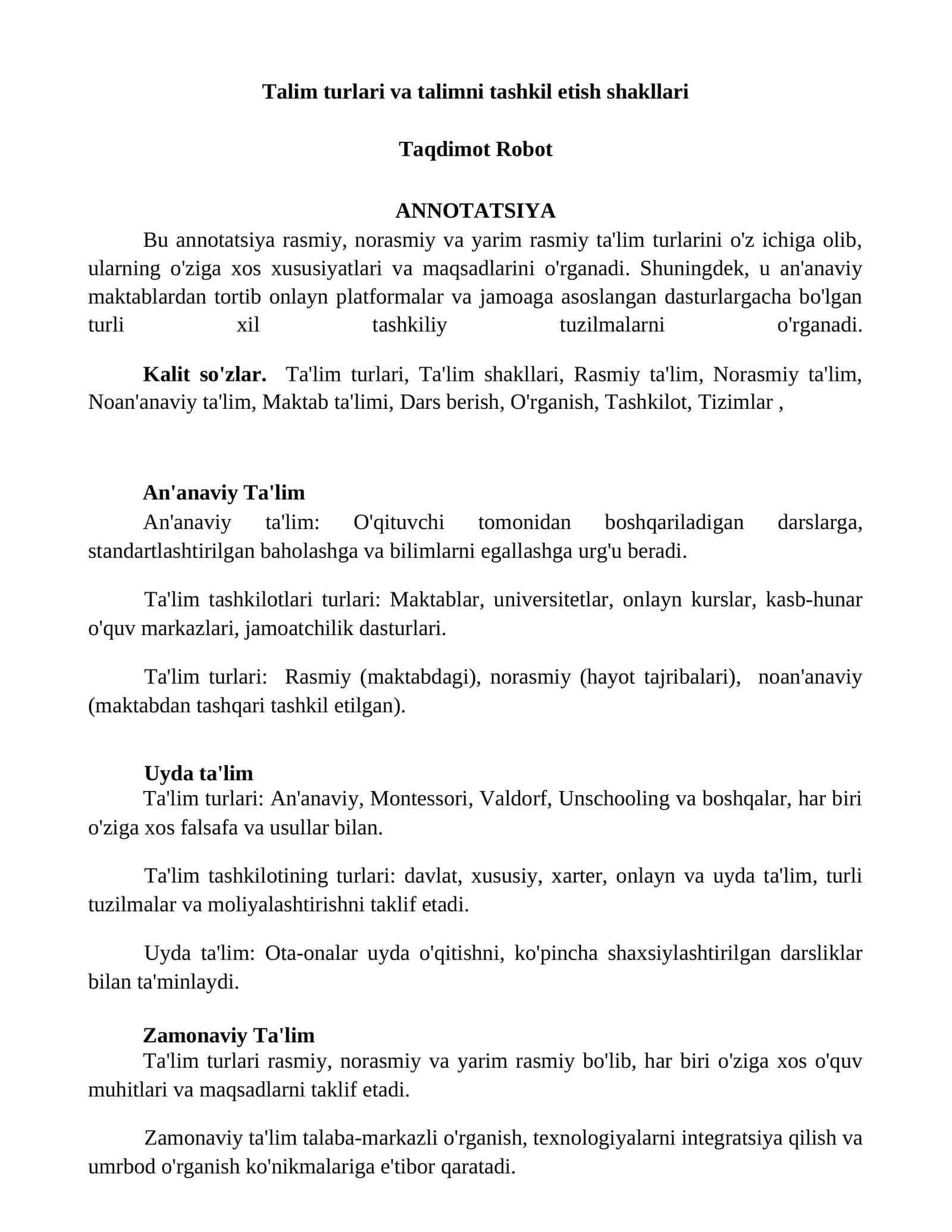 Talim turlari va talimni tashkil etish shakllari 1