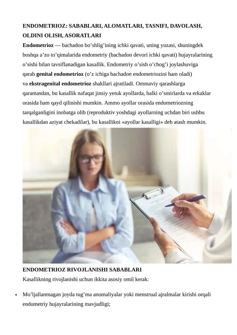 ENDOMETRIOZ: SABABLARI, ALOMATLARI, TASNIFI, DAVOLASH, OLDINI OLISH, ASORATLARI 1
