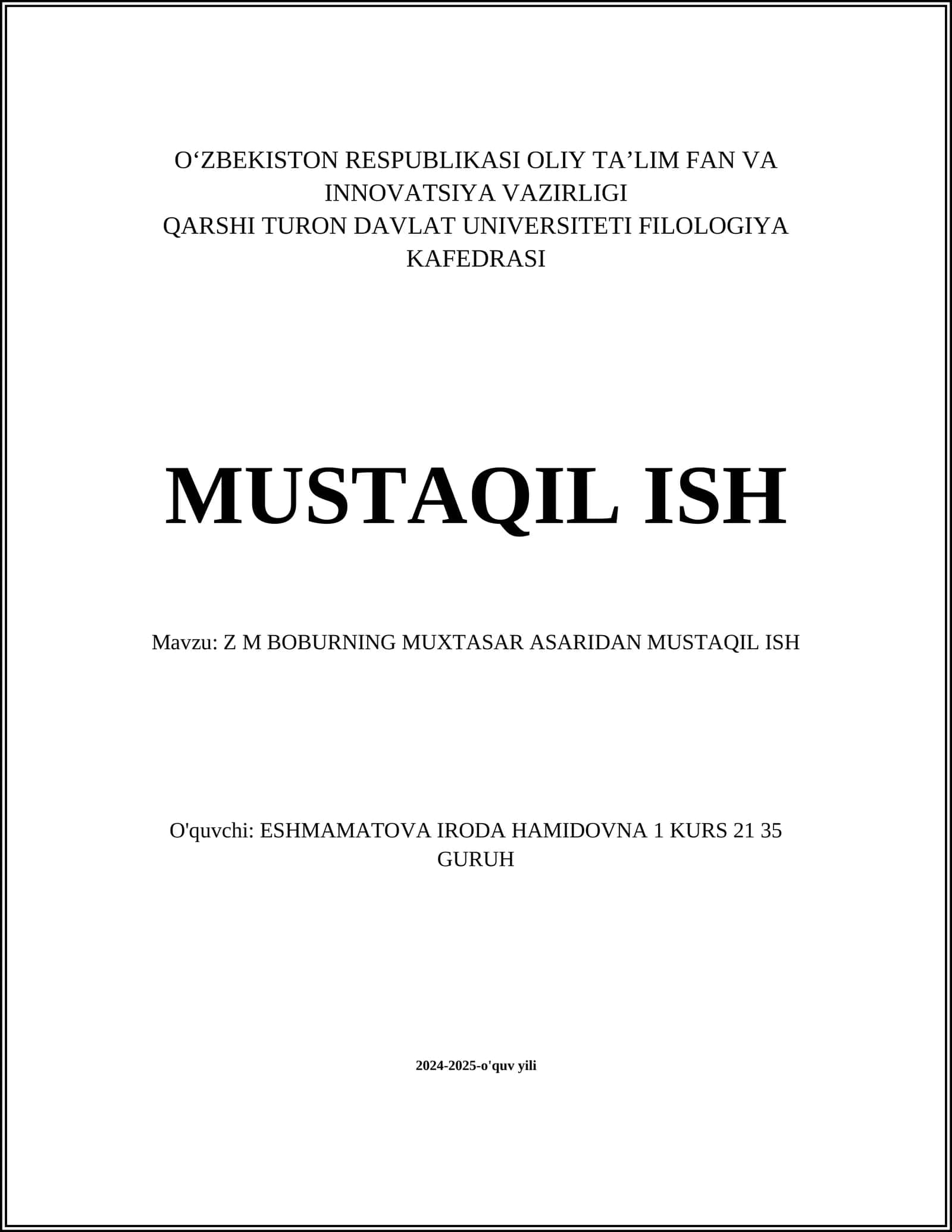 Z M Boburning Muxtasar Asaridan Mustaqil Ish 1