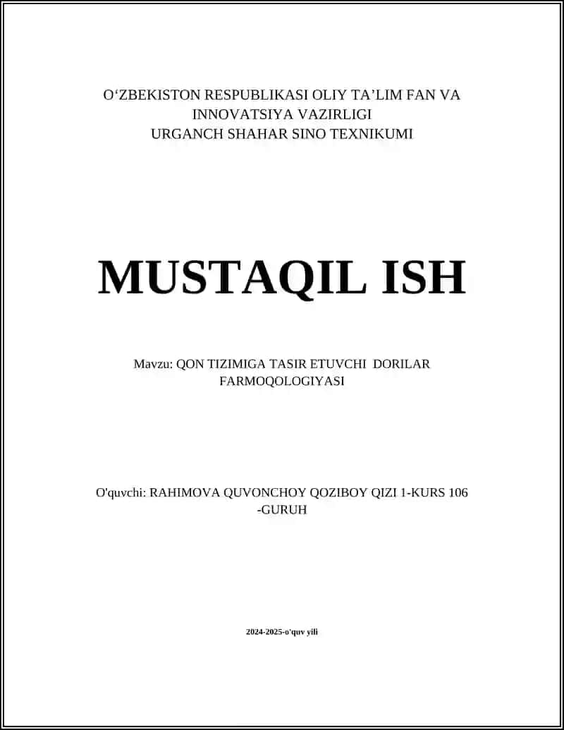 QON TIZIMIGA TASIR ETUVCHI DORILAR FARMOQOLOGIYASI